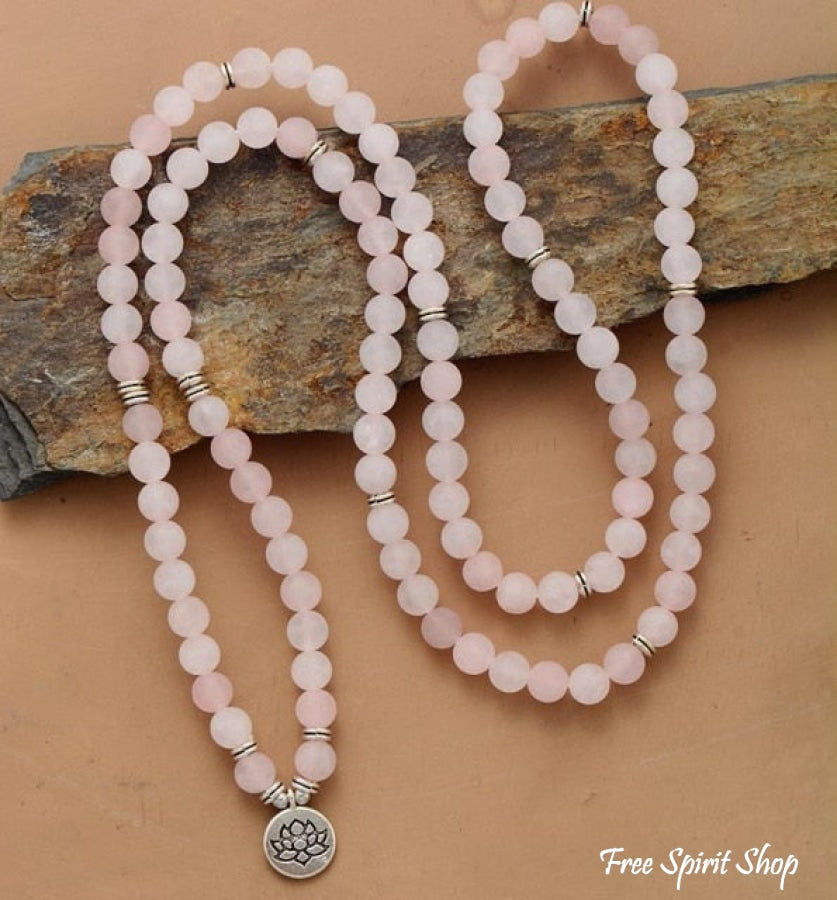 108 Frosted Rose Quartz Mala Bead Bracelet for Meditation