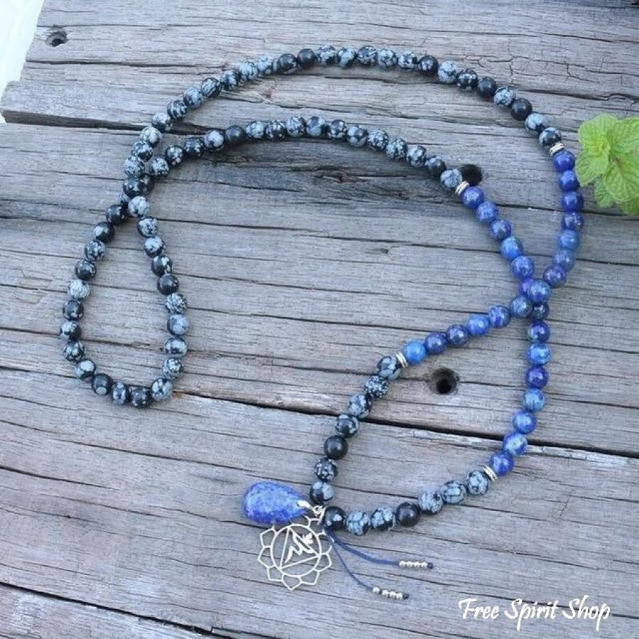 108 prirodnih snježnih oblačića od obsidijana i lapis lazulija - mala molitvena ogrlica/narukvica
