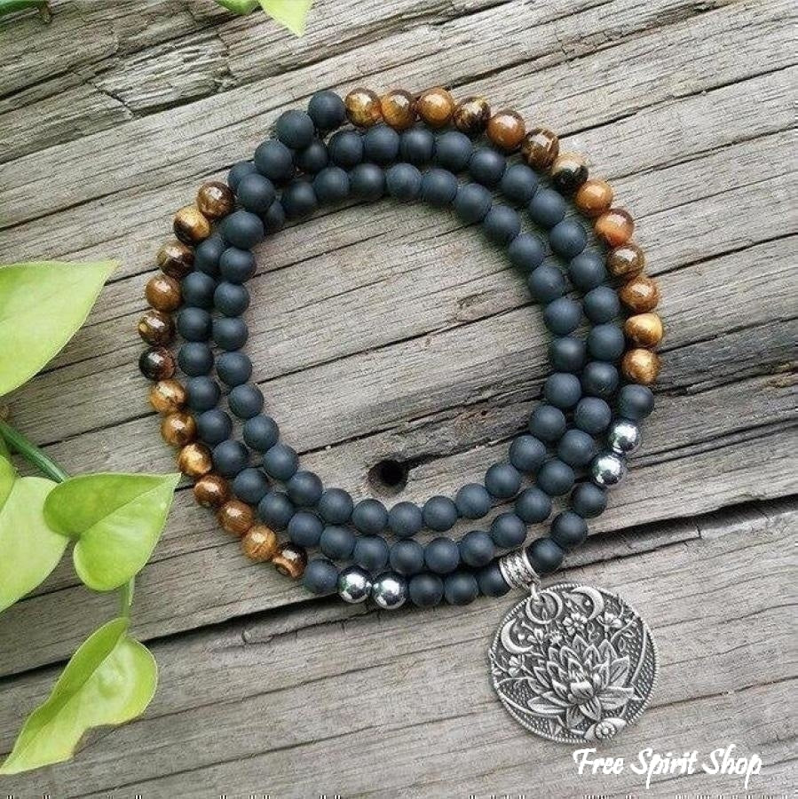 108 Tiger Eye & Matte Black Onyx Mala Necklace