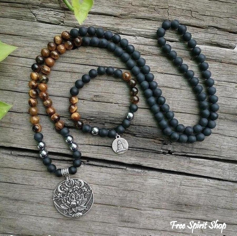 108 Tiger Eye & Matte Black Onyx Mala Necklace