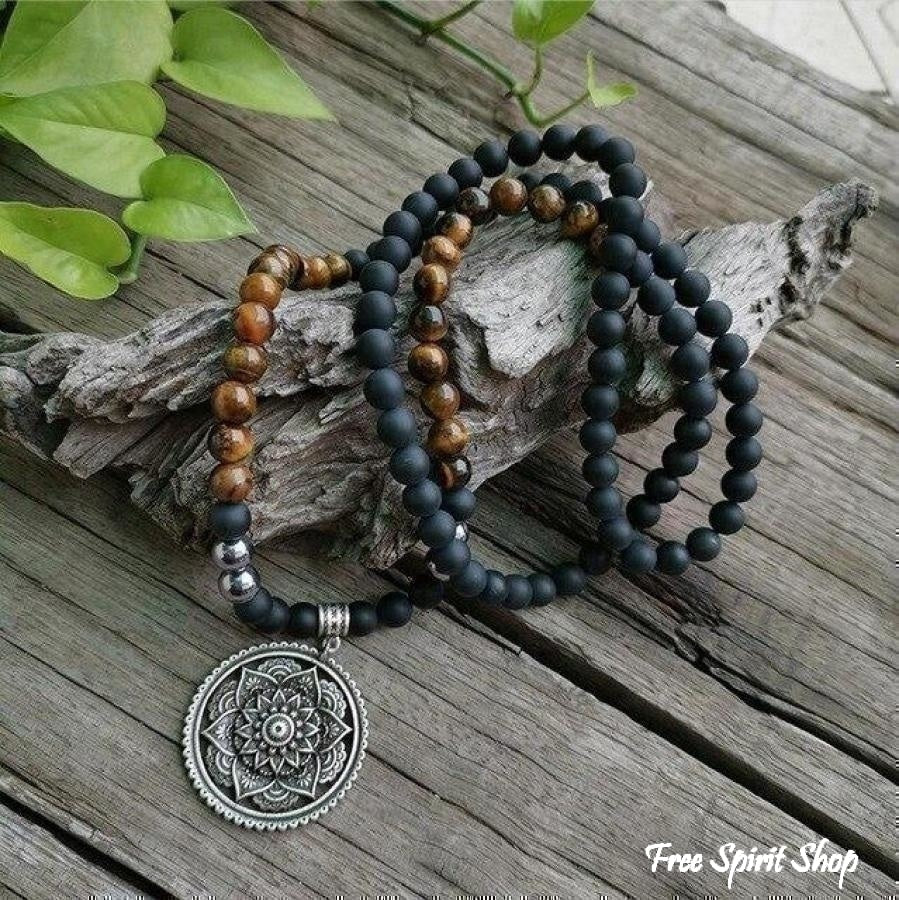 108 Tiger Eye & Matte Black Onyx Mala Necklace