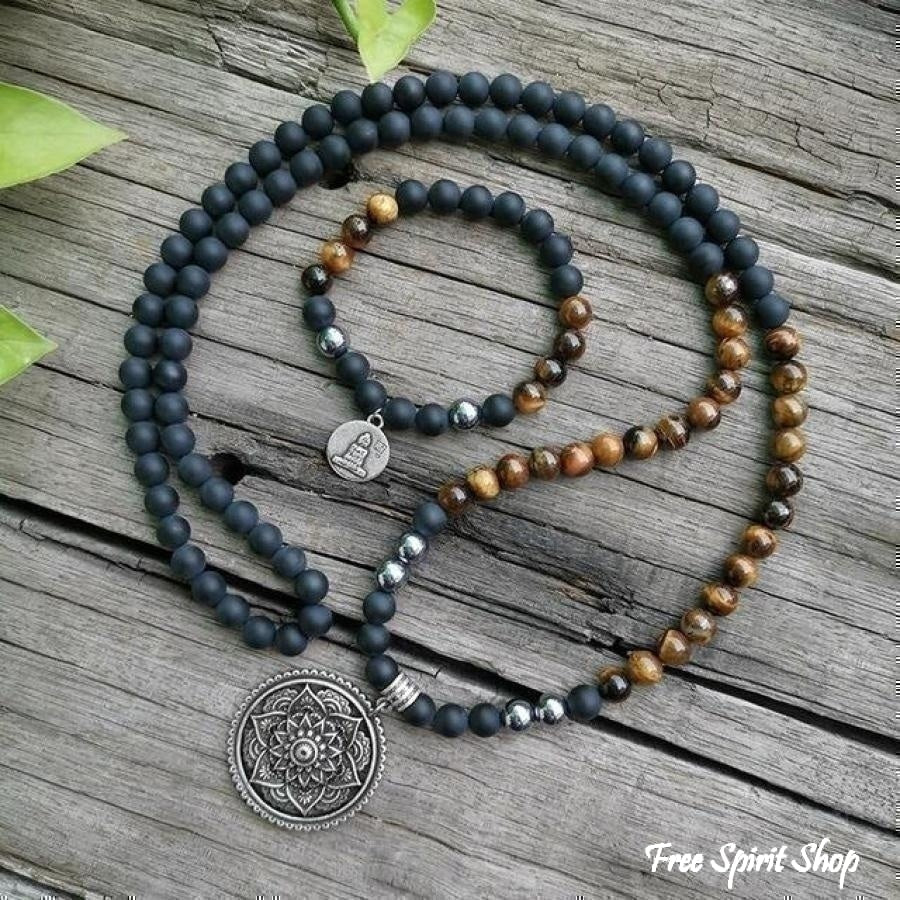 108 Tiger Eye & Matte Black Onyx Mala Necklace