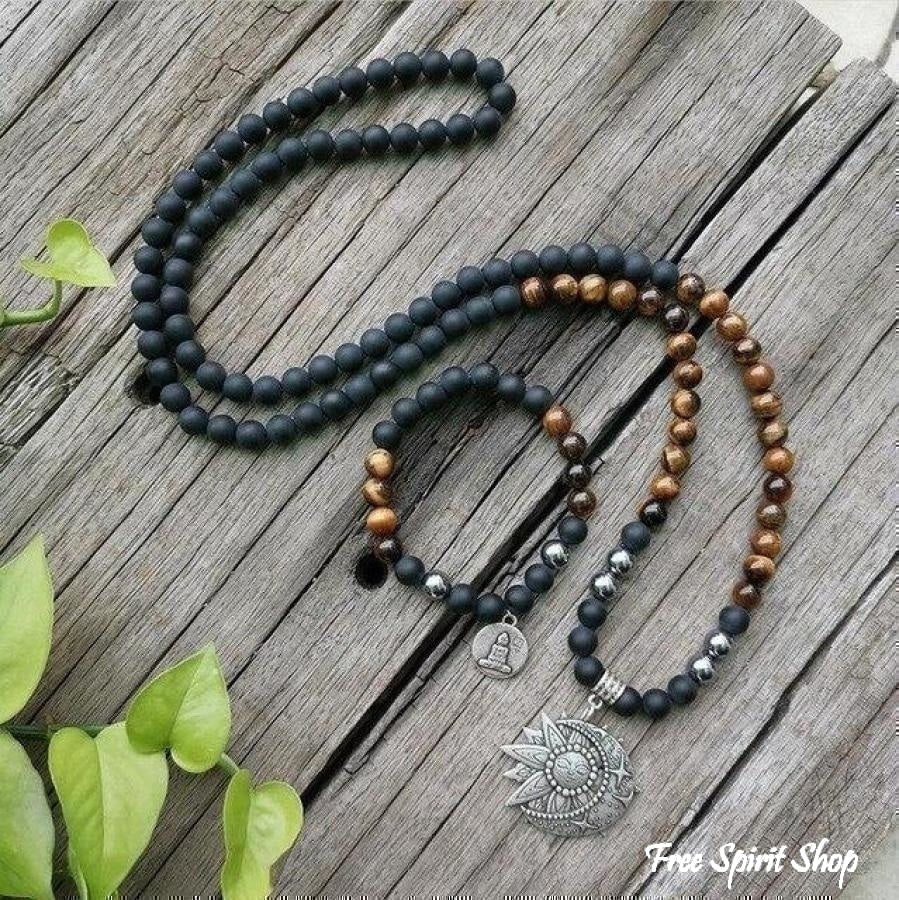 108 Tiger Eye & Matte Black Onyx Mala Necklace