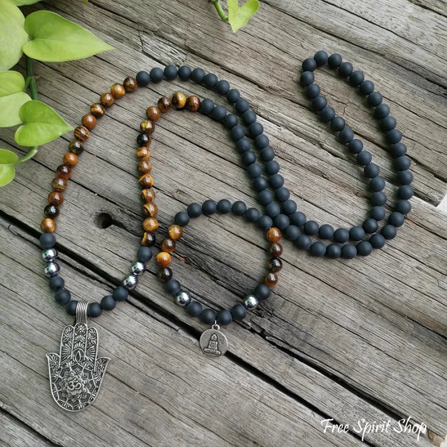 108 Tiger Eye & Matte Black Onyx Mala Necklace