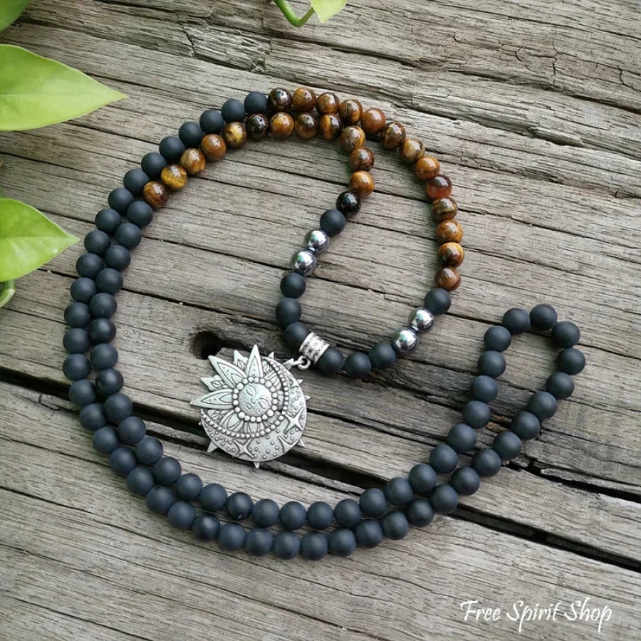108 Tiger Eye & Matte Black Onyx Mala Necklace