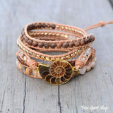 Prirodni Ammonit Fossil, Sunstone i Drvene Perle Oko Rame